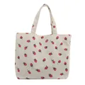 Chic corduroy tote bag featuring fresh strawberry prints and white canvas shoulder straps - One Size / White
