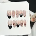 Dettaglio di unghie finte fatte a mano rosa leopardo con ciondoli a farfalla in metallo 3D - Extra Piccolo (XS) / Stile Farfalla Leopardo Francese Nero Rosa Nudo (W481)