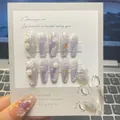 Detail of handmade lilac gradient press-on nails with 3D roses, pearls and crystals - Extra Small (XS) / Purple Gradient 3D Flower (309)