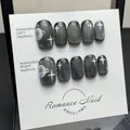 Handmade dark grey cat eye press-on nails with white planet and star hand-painted designs - Dark Grey Starry Sky Planet Cat Eye Short Square