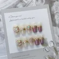 Handmade milky white and purple press-on nails with gold foil and pearl accents - Large (L)