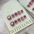Uñas postizas artesanales rosa degradado con perlas 3D y dijes de osos lindos - Chicle de Frambuesa / Grande (L)