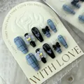 Handmade press-on nails set with blue plaid patterns, black bows, and pearl accents - Large (L) / Checkered Bow Style