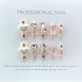 Pink aurora handmade press-on nails with heart-shaped diamonds and pearls, 10-piece set - L / Lingling Aurora Shell