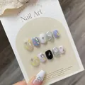 Handmade press-on nails with 3D star charms, cream blue and yellow pastel color design - Extra Small (XS) / Fresh Creamy Blue