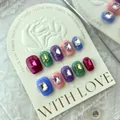 Handmade press-on nails set with colorful stones and large rectangular rhinestones - L / Jump Color Style