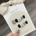 Handmade leopard style press-on nails with bow accents and silver glitter on display card - Large (L) / Black Silver Gray Bow Heart Diamond (836)