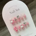 Faux ongles faits main roses avec roses 3D, lapins mignons et strass étincelants - Grand (L) / Rose Relief Rose Lapin Mignon (855)