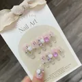 Handmade camellia press-on nails with 3D resin flowers and sparkling purple rhinestones - Large (L) / 838 Long Coffin