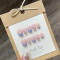 Handmade press-on nails with blue-pink color block, pearls, and floral rhinestone accents - Large (L) / Pink Blue Contrast Pearl 3D Flower (851)