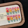 Faux ongles faits main avec pommes 3D, dégradé rose et vert au style estival mignon - XS / Style Pomme Dégradé Rose Bleu