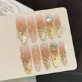 Unghie finte sfumate rosa champagne con strass, perle e motivi a stella dorati - XS / 3184-Stile Ovale Sottile