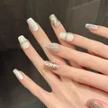 Short square press-on nails in champagne gold glitter and creamy white cat-eye finish - XS / New Medium Square (729)
