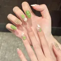 Handmade press-on nails with avocado green 3D flowers and gold artistic line accents - XS / 2903-Short Oval
