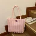 Fuzzy pink heart-shaped tote bag in soft faux fur plush with striped texture - Pink