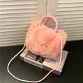 Sac à main en peluche rose avec poignées tressées en cuir pour mode automne - Rose
