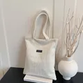 Borsa tote minimalista in velluto a coste beige con etichetta Fashion elegante - Bianco Sporco