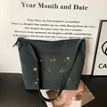 Dark green corduroy tote bag with floral Harvest Day embroidery for daily commuting - Green