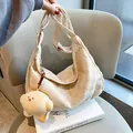 Cream waffle texture tote bag with a cute yellow plush charm and adjustable strap - With Pendant / Khaki