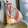 Pink waffle texture shoulder bag with cute crescent shape and croissant plush charm - With Pendant / Pink