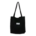 Black corduroy tote bag for women featuring a minimalist square label and large capacity - Black