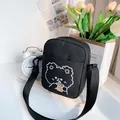 Cute black canvas crossbody bag with embroidered cartoon bear drinking milk tea - Cartoon Bear (Black Type 1) / Black Type 1