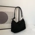 Chic black popcorn texture shoulder bag with soft cloud shape and slim leather straps - Black