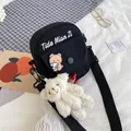 Cute black canvas crossbody bag with teddy bear charm and adjustable wide strap - Black