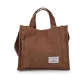 Brown corduroy square crossbody bag with top handle and shoulder strap and white label - Brown