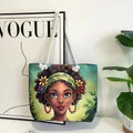 Canvas tote bag with green African woman print and white rope handles variant - Green Afro Woman Floral Illustration