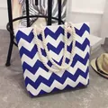 Blue and white zigzag canvas tote bag with rope handles for summer vacation style - Blue and White Zigzag Print