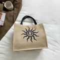 Bolso de compras de yute minimalista con logo de sol negro y asas redondas tejidas - Patrón de Sol (Estilo 2)