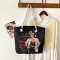 Borsa tote nera in tela con manici in corda e grafica elegante di una donna africana - Stampa Slogan Artistico Donna Nera