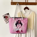 Borsa tote in tela rosa con illustrazione anime e manici in corda bianca - Illustrazione di Ragazza Anime Rosa