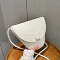Chic cream-white woven crossbody straw bag with a large pearl button accent - Large Pearl Style (0857) / White