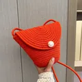 Mini orange hand-woven straw crossbody bag with white pearl button for summer - Large Pearl Style (0857) / Red