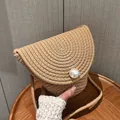 Light brown woven crossbody bag with a large pearl button detail on the flap - Large Pearl Style (0857) / Khaki