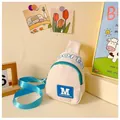 Cream white canvas kids chest bag with blue sports prints and adjustable shoulder strap - White