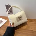 Creamy white corduroy makeup bag with cute cartoon bear patch and soft handle - White