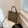 Borsa tote in lino con motivi geometrici neri e beige e manici rotondi per l'ufficio - Cachi