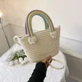 Beige geweven katoenen tas met regenboog handvat en stijlvolle franjes voor dames - Regenboog Handvat Stijl (Type 1) / Broken Wit
