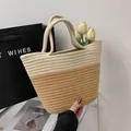 Handwoven straw tote bag with cream and beige color-block design and rounded handles - Khaki