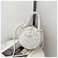 Borsa a tracolla rotonda in tessuto bianco con cuciture zigzag colorate e bottone - Stile Base Semplice (Stile 1) / Bianco
