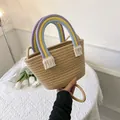 Handgeweven kaki katoenen touw emmertas met regenboogkleurige handvatten en witte kwastjes - Regenboog Handvat Stijl (Type 1) / Khaki