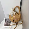 Sac rond en paille tressée marron avec fleurs marguerites et nœud en dentelle - Style Dentelle Florale (Style 2) / Kaki