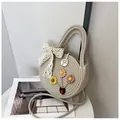 Sac bandoulière rond en paille tressée beige avec broderie marguerite et nœud dentelle - Style Dentelle Florale (Style 2) / Gris