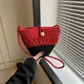 Handmade woven crossbody bag with red and black contrast design and pearl buckle - Wave Texture (Style 1 Red) / Red