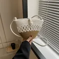 Mini woven crossbody bag in cream and khaki with pearl closure for summer beach style - Wave Texture (Style 1 White) / White