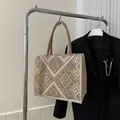 Ethnic style woven tote bag in beige and pink with geometric vintage patterns - Khaki