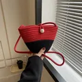 Handmade woven bucket bag in red and black cotton rope with elegant pearl closure - Flat Pattern (Style 2 Red) / Red